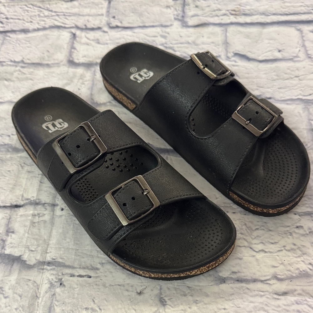 OT Revolution Men’s sz 12 Black Slide Sandals with Cork Soles and Dual Buckles